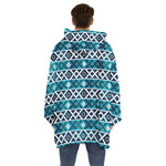 Turquoise Aztec Geometric Pattern Print Hoodie Blanket