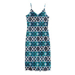 Turquoise Aztec Geometric Pattern Print Jersey Midi Cami Dress