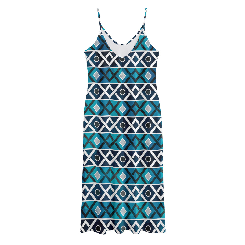 Turquoise Aztec Geometric Pattern Print Jersey Midi Cami Dress