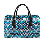 Turquoise Aztec Geometric Pattern Print Leather Duffle Bag