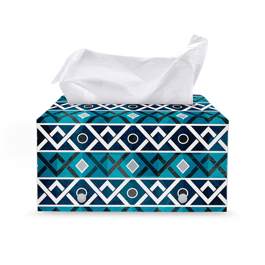 Turquoise Aztec Geometric Pattern Print Leather Tissue Box Cover