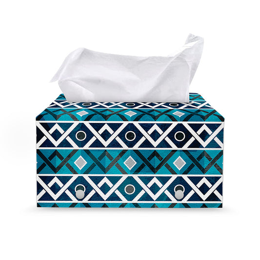 Turquoise Aztec Geometric Pattern Print Leather Tissue Box Cover