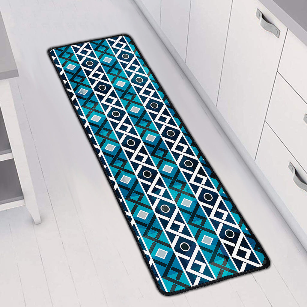 Turquoise Aztec Geometric Pattern Print Long Kitchen Mat