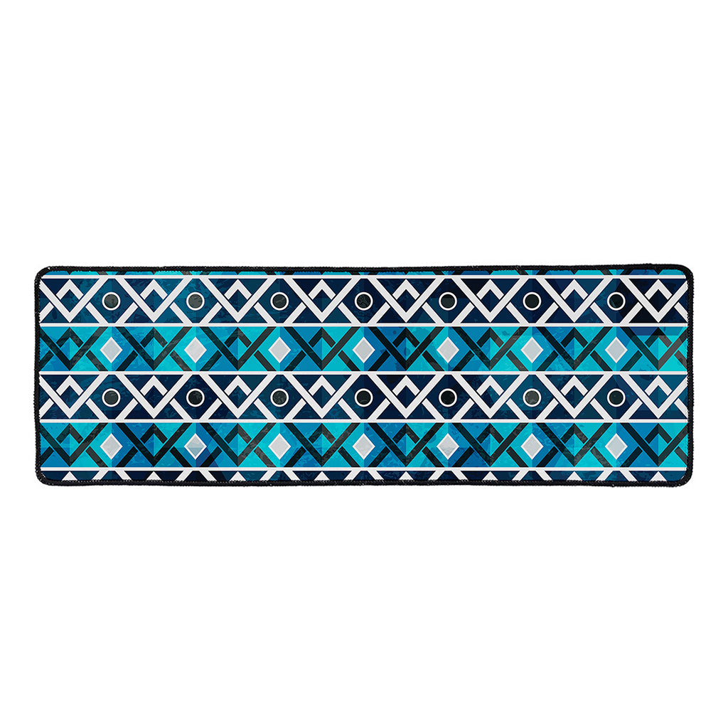 Turquoise Aztec Geometric Pattern Print Long Kitchen Mat