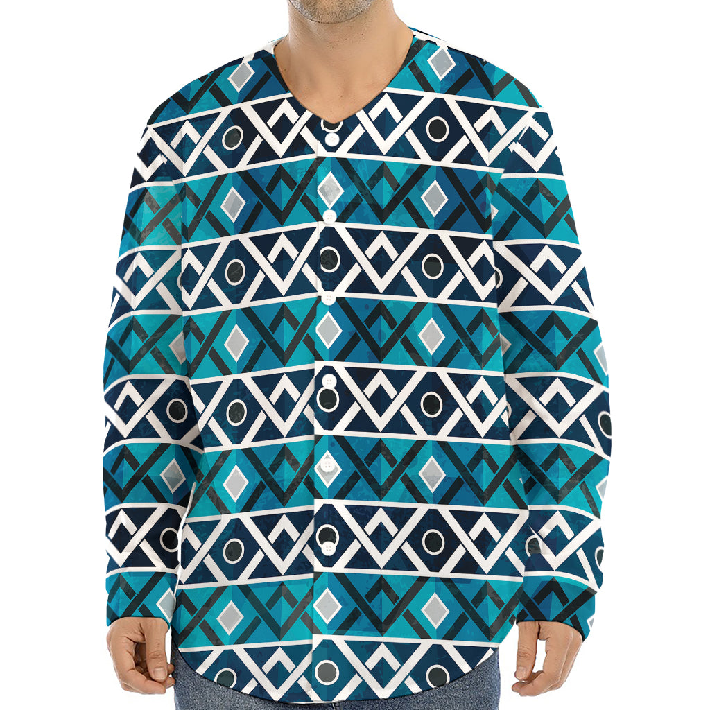 Turquoise Aztec Geometric Pattern Print Long Sleeve Baseball Jersey