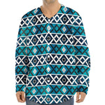 Turquoise Aztec Geometric Pattern Print Long Sleeve Baseball Jersey