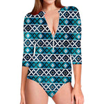 Turquoise Aztec Geometric Pattern Print Long Sleeve Swimsuit