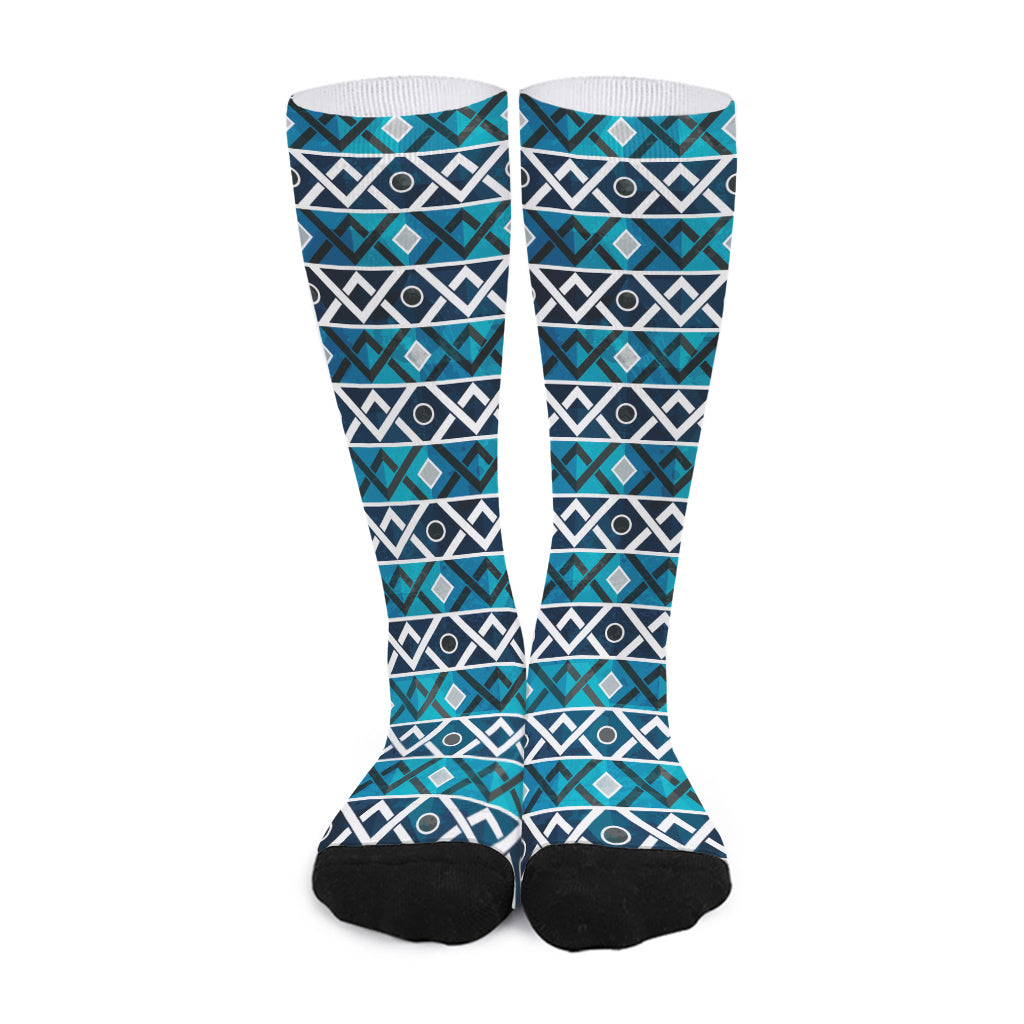 Turquoise Aztec Geometric Pattern Print Long Socks