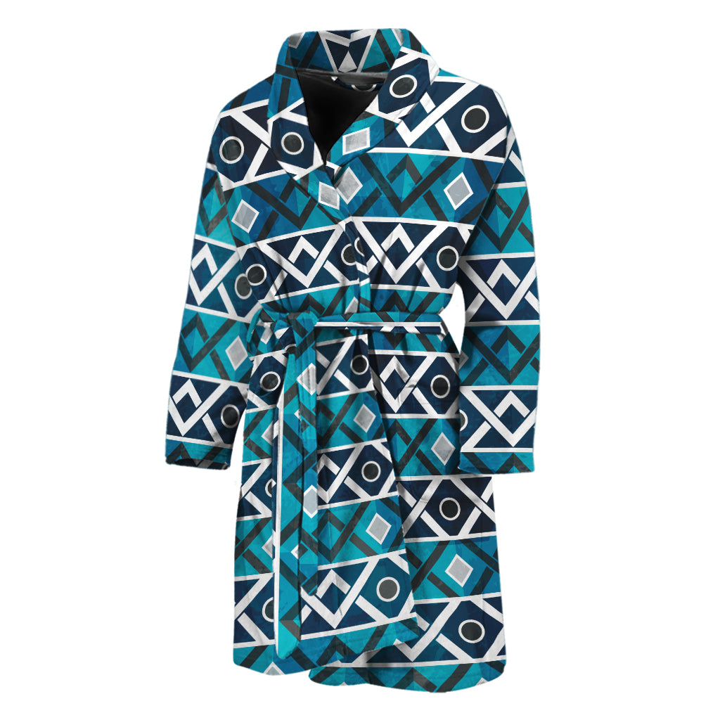 Turquoise Aztec Geometric Pattern Print Men's Bathrobe