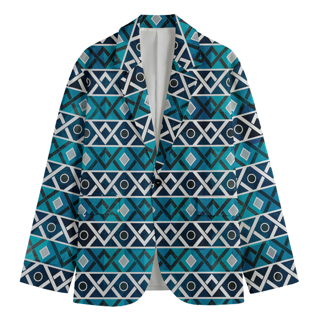 Turquoise Aztec Geometric Pattern Print Men's Blazer