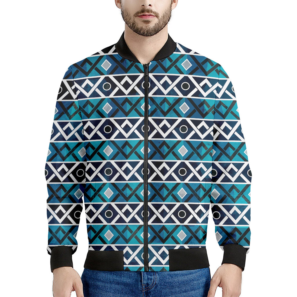Turquoise Aztec Geometric Pattern Print Men's Bomber Jacket