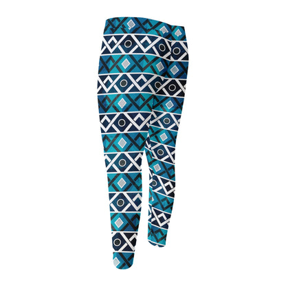 Turquoise Aztec Geometric Pattern Print Men's Compression Pants