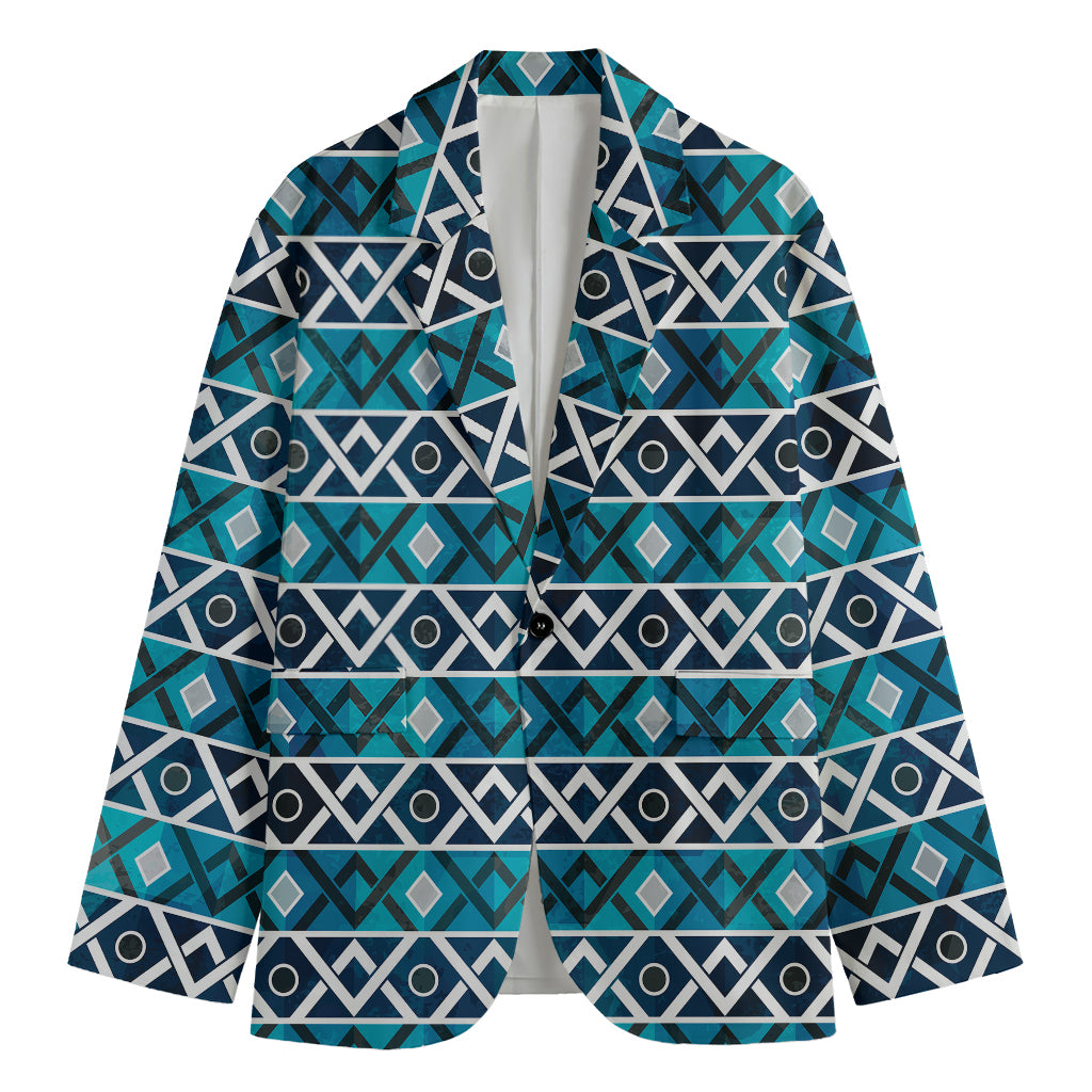 Turquoise Aztec Geometric Pattern Print Men's Cotton Blazer