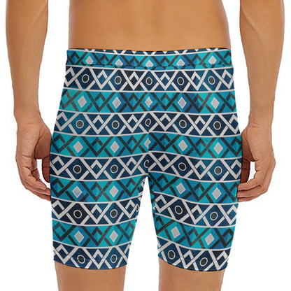 Turquoise Aztec Geometric Pattern Print Men's Long Boxer Briefs