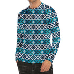 Turquoise Aztec Geometric Pattern Print Men's Long Sleeve Rash Guard