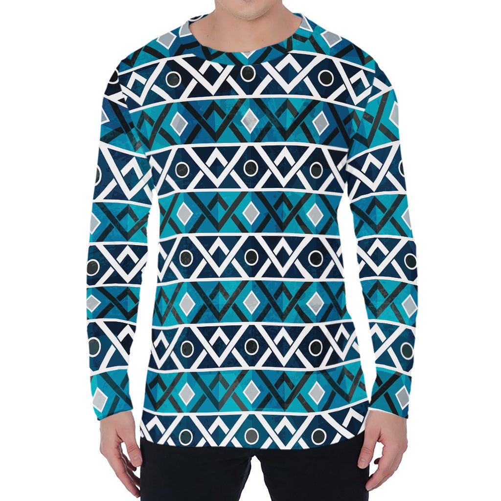 Turquoise Aztec Geometric Pattern Print Men's Long Sleeve T-Shirt