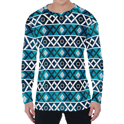 Turquoise Aztec Geometric Pattern Print Men's Long Sleeve T-Shirt