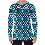 Turquoise Aztec Geometric Pattern Print Men's Long Sleeve T-Shirt