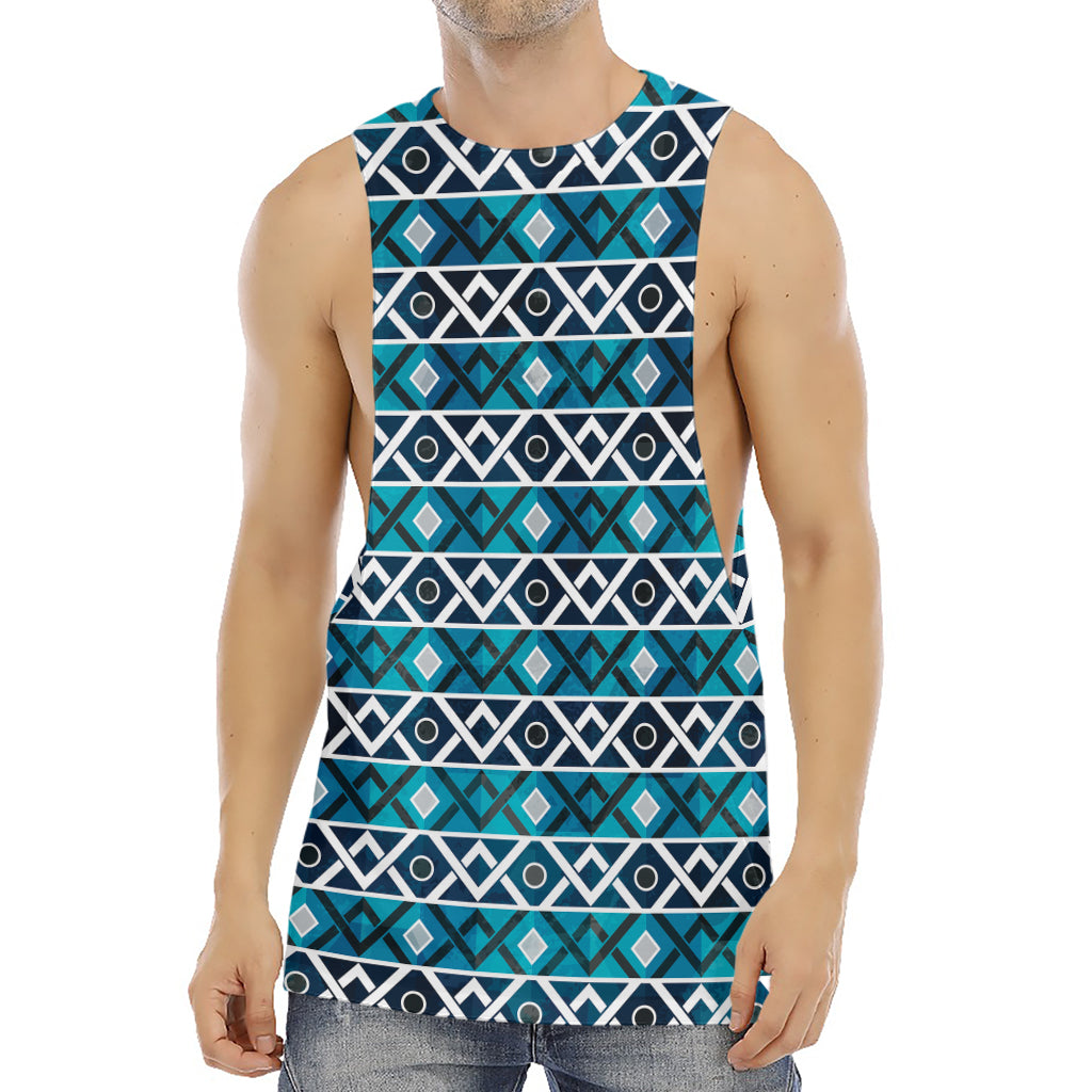 Turquoise Aztec Geometric Pattern Print Men's Muscle Tank Top
