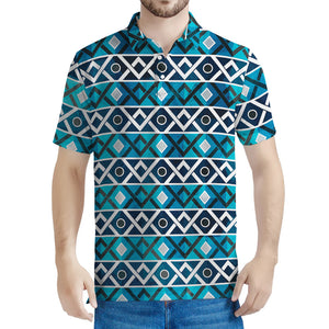 Turquoise Aztec Geometric Pattern Print Men's Polo Shirt