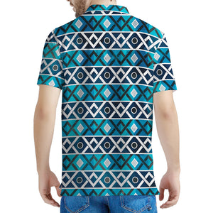 Turquoise Aztec Geometric Pattern Print Men's Polo Shirt