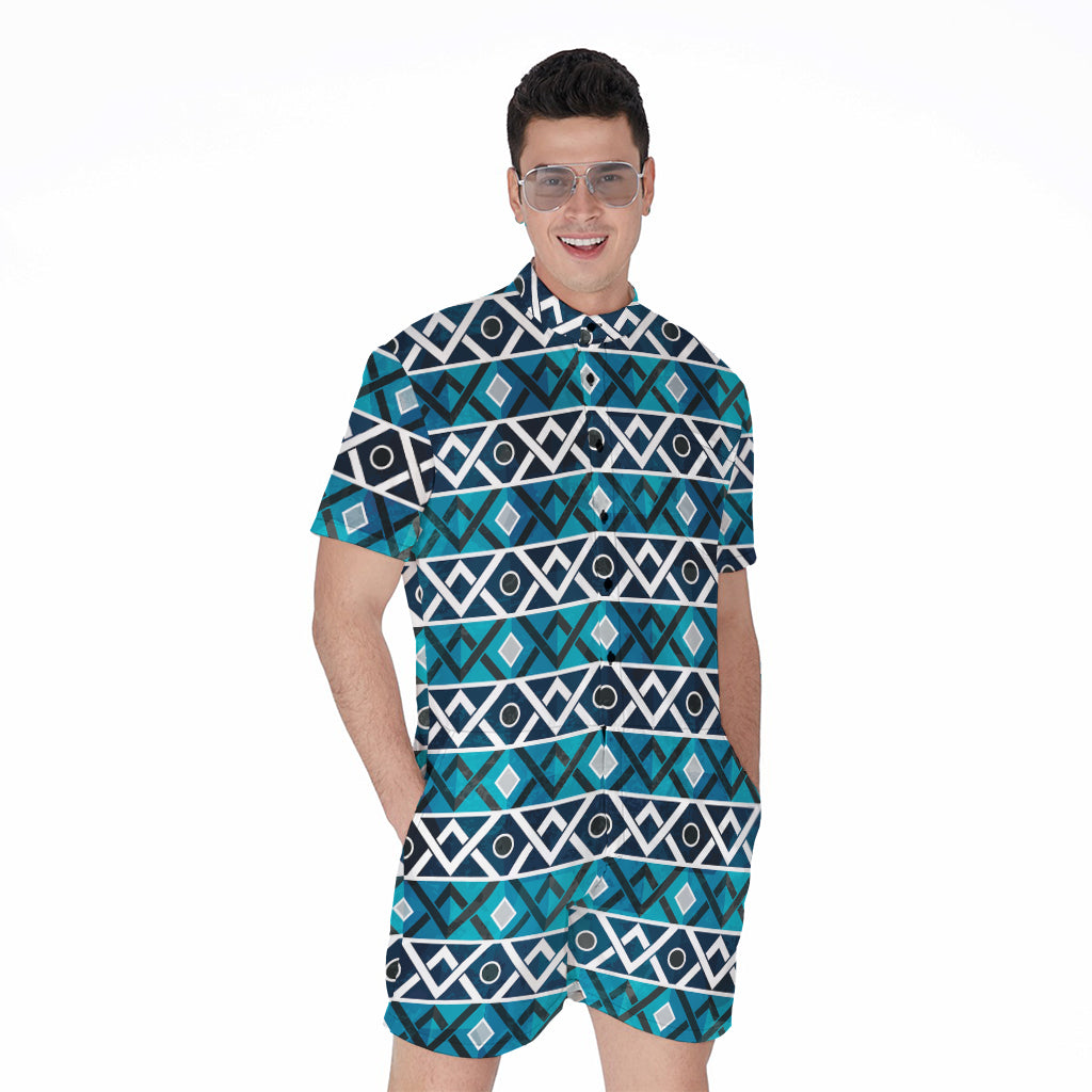 Turquoise Aztec Geometric Pattern Print Men's Rompers