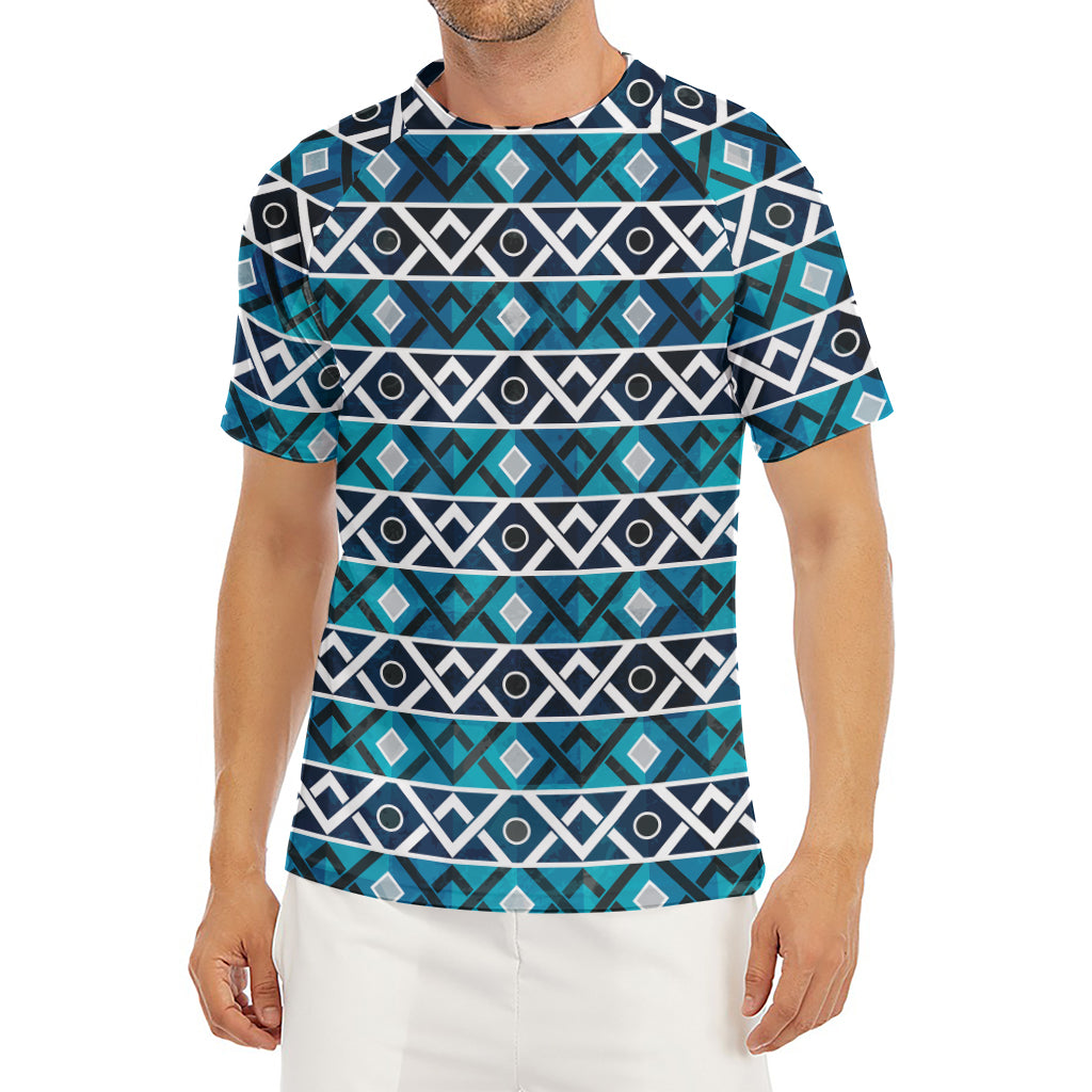 Turquoise Aztec Geometric Pattern Print Men's Short Sleeve Rash Guard