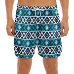 Turquoise Aztec Geometric Pattern Print Men's Split Running Shorts