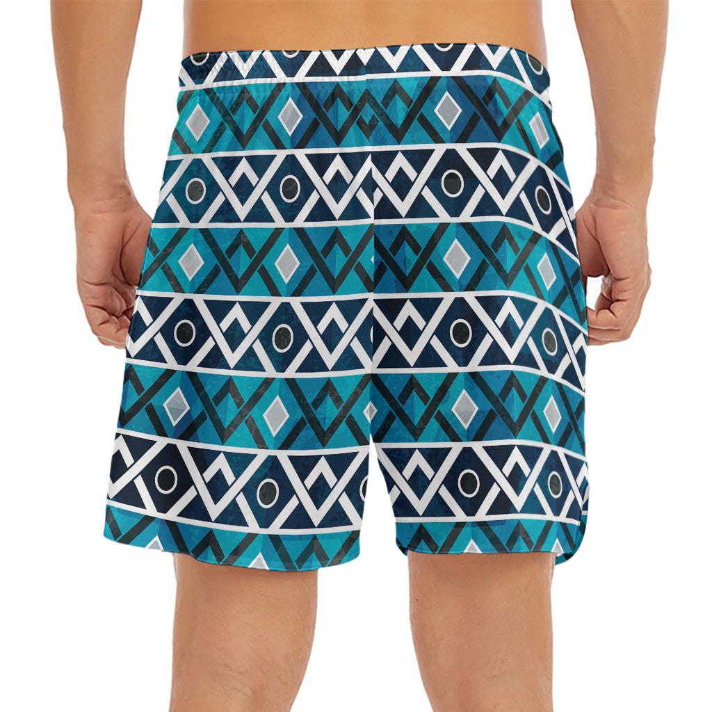 Turquoise Aztec Geometric Pattern Print Men's Split Running Shorts