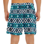 Turquoise Aztec Geometric Pattern Print Men's Split Running Shorts