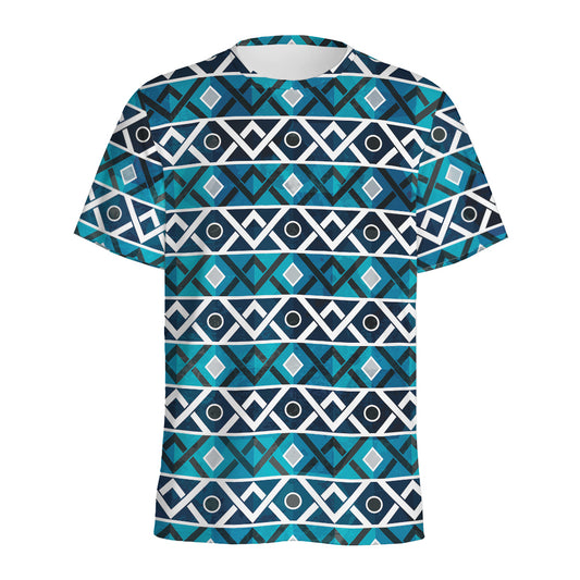 Turquoise Aztec Geometric Pattern Print Men's Sports T-Shirt