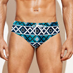 Turquoise Aztec Geometric Pattern Print Men's Swim Briefs