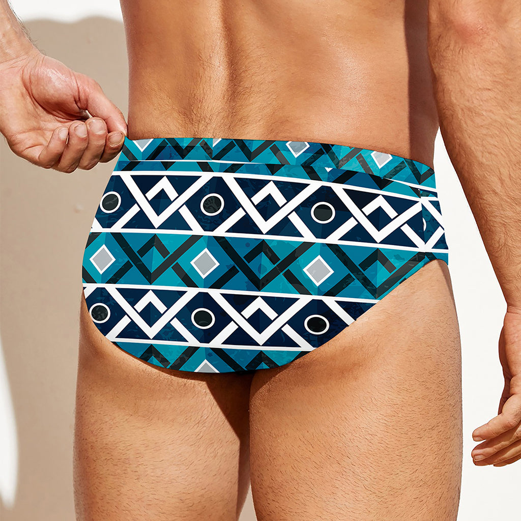 Turquoise Aztec Geometric Pattern Print Men's Swim Briefs