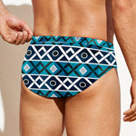 Turquoise Aztec Geometric Pattern Print Men's Swim Briefs