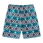 Turquoise Aztec Geometric Pattern Print Men's Swim Trunks
