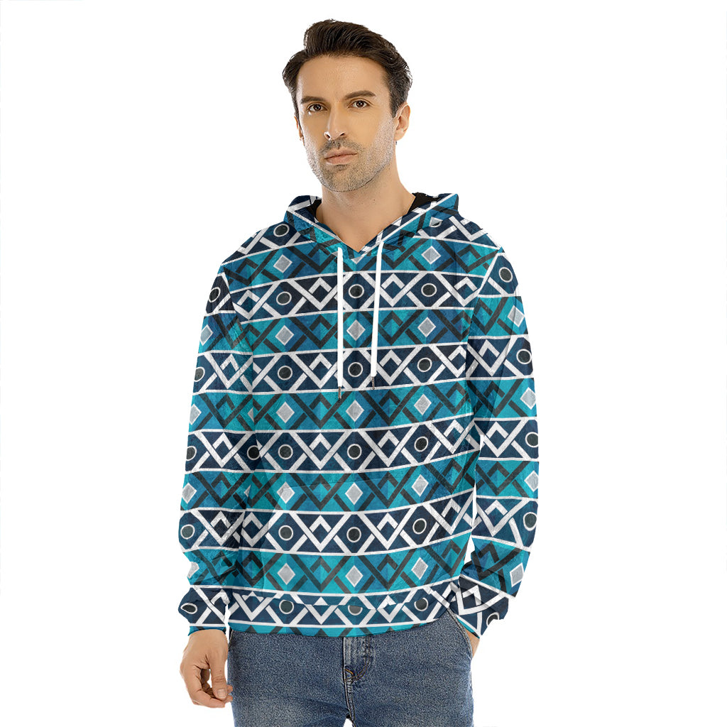 Turquoise Aztec Geometric Pattern Print Men's Velvet Pullover Hoodie