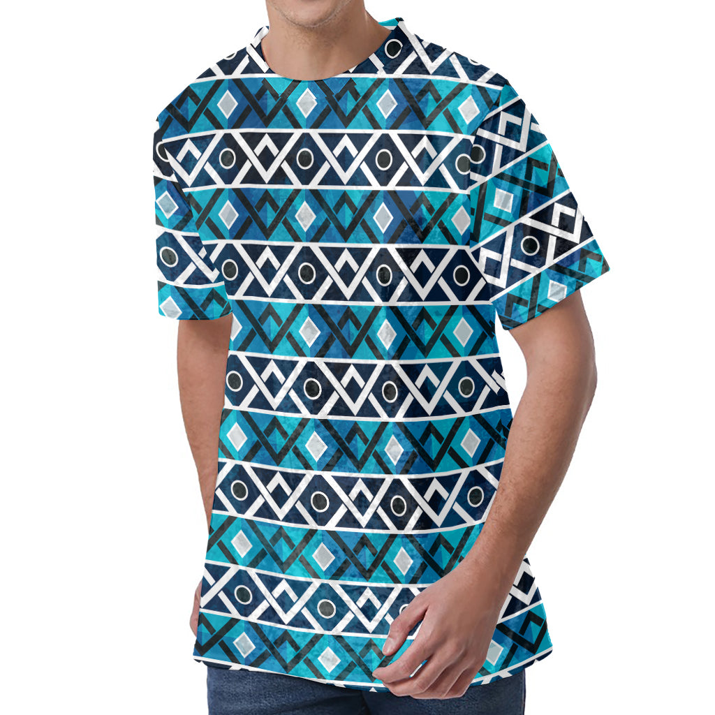 Turquoise Aztec Geometric Pattern Print Men's Velvet T-Shirt