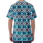 Turquoise Aztec Geometric Pattern Print Men's Velvet T-Shirt