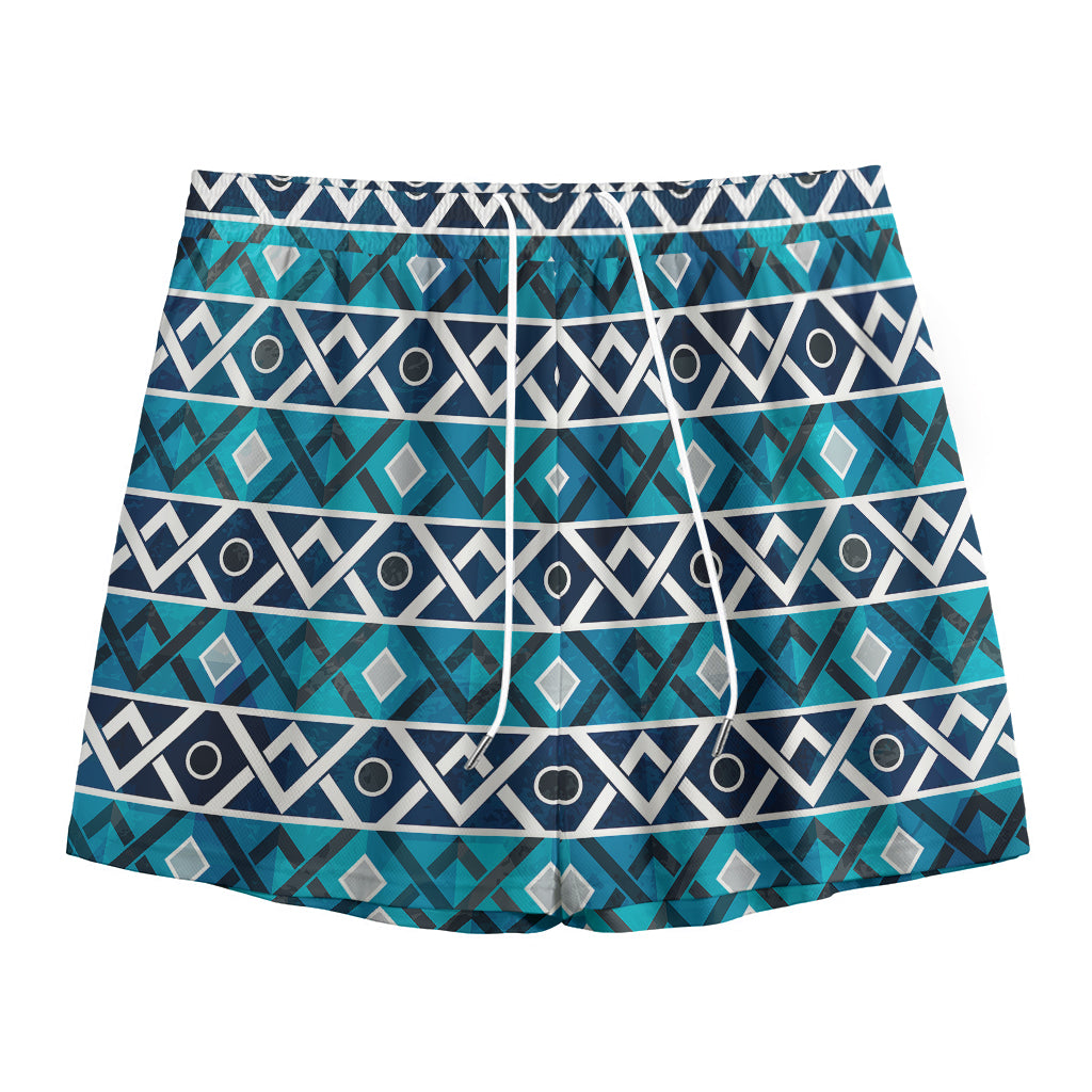 Turquoise Aztec Geometric Pattern Print Mesh Shorts