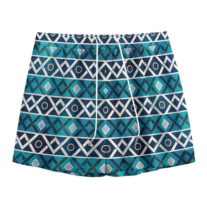 Turquoise Aztec Geometric Pattern Print Mesh Shorts
