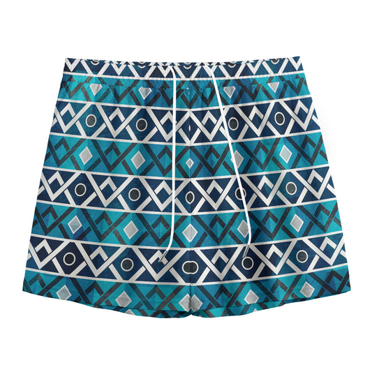 Turquoise Aztec Geometric Pattern Print Mesh Shorts