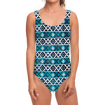 Turquoise Aztec Geometric Pattern Print One Piece Swimsuit