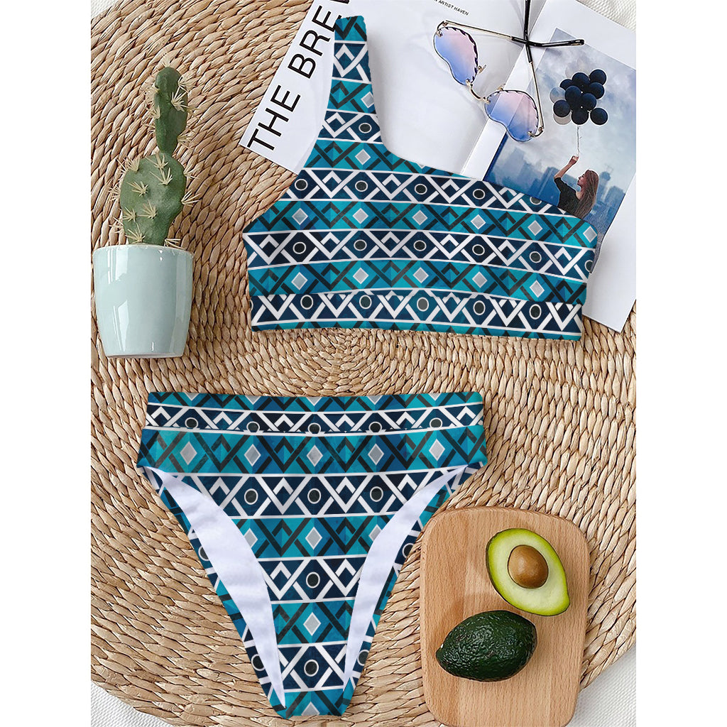 Turquoise Aztec Geometric Pattern Print One Shoulder Bikini Top