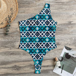 Turquoise Aztec Geometric Pattern Print One Shoulder Bodysuit