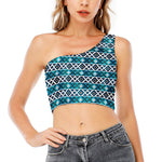 Turquoise Aztec Geometric Pattern Print One Shoulder Crop Top