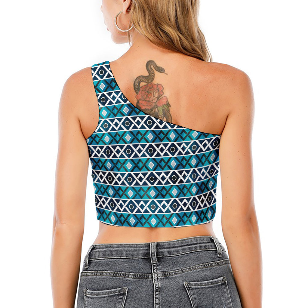 Turquoise Aztec Geometric Pattern Print One Shoulder Crop Top