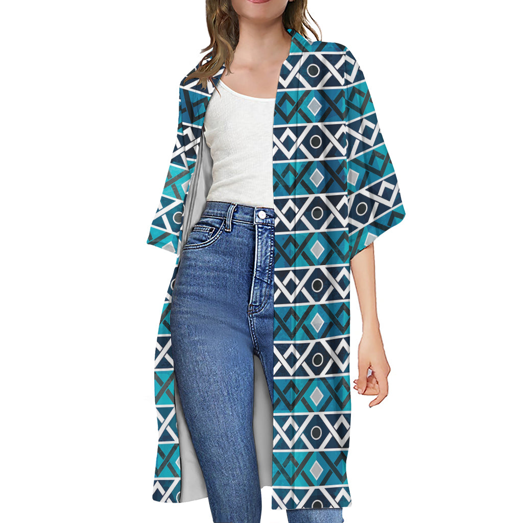 Turquoise Aztec Geometric Pattern Print Open Front Beach Cover Up