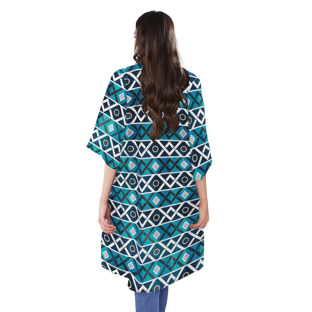 Turquoise Aztec Geometric Pattern Print Open Front Beach Cover Up