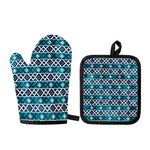 Turquoise Aztec Geometric Pattern Print Oven Mitt And Pot Holder Set