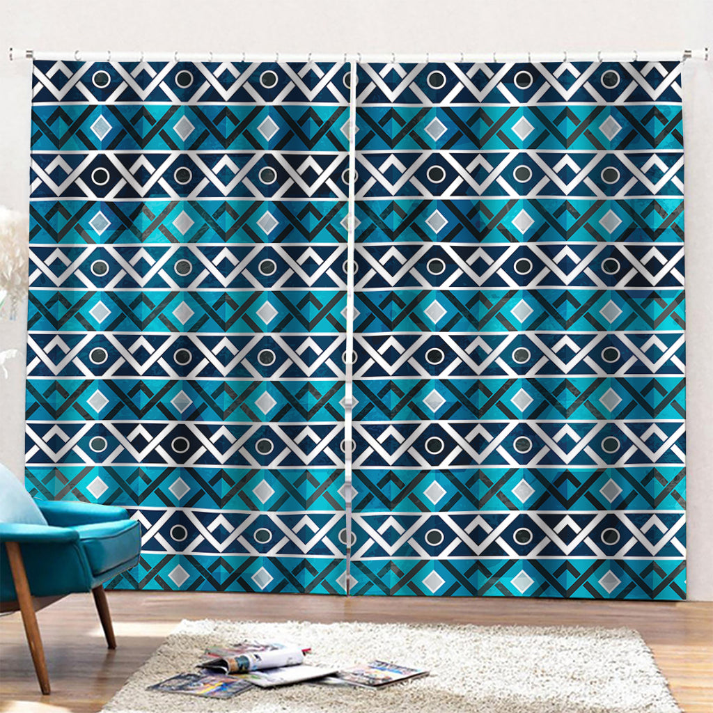 Turquoise Aztec Geometric Pattern Print Pencil Pleat Curtains